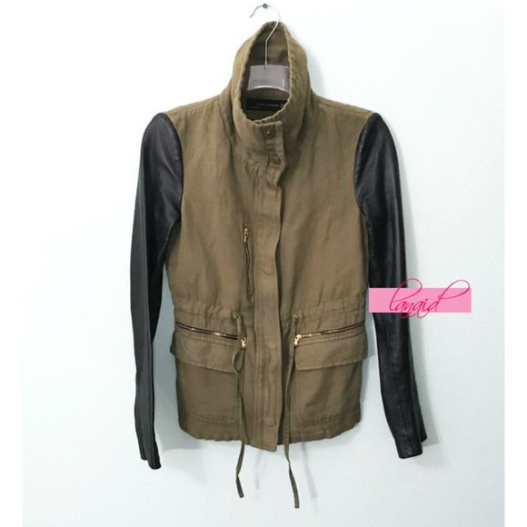 Zara Linen Lamb Leather Jacket Army Olive Green Utility Moto Edgy Biker Coat XS - Picture 11 of 16